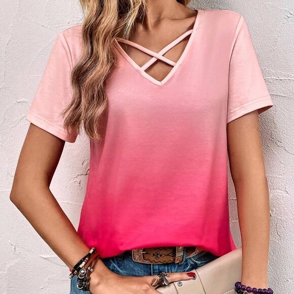 Pink Boho Womens Ombre Criss Cross Front Tee - Picture 1 of 5
